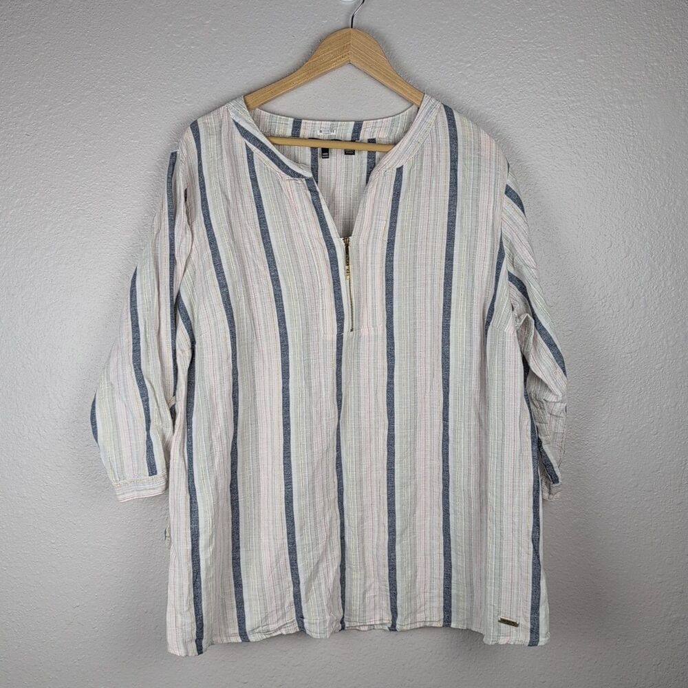 Ellen Tracy Women's Long Sleeves Striped Split Zip Neck Tunic Top 1X Coastal 159